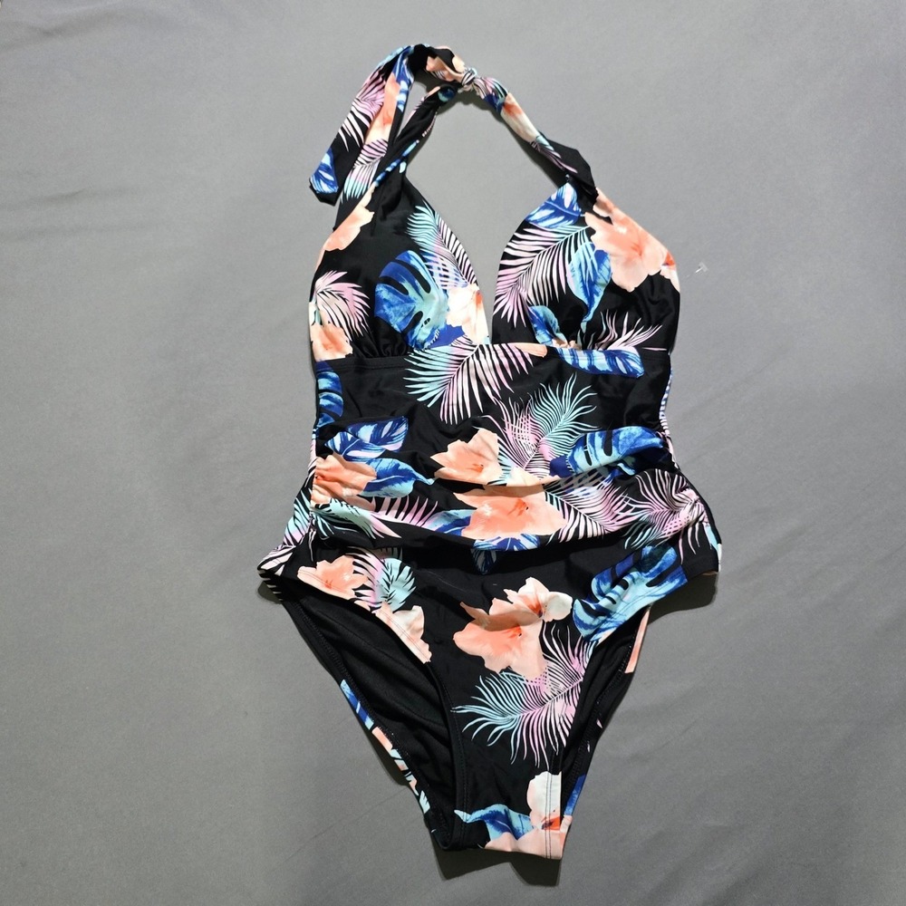 DKNY Womens Tropical Floral Halter One Piece Swimsuit Black Pink Blue Large